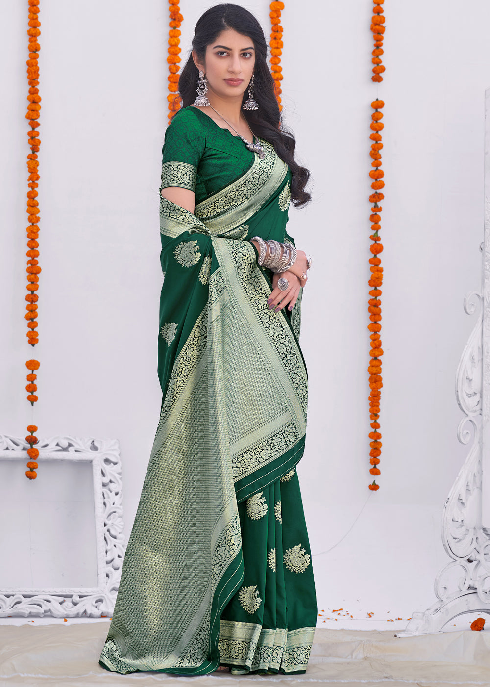 Buy MySilkLove Green Pea Zari Woven Banarasi Silk Saree Online