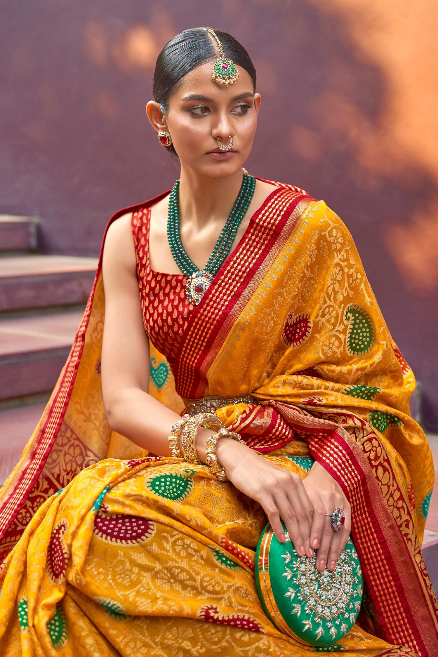 MySilkLove Goldenrod Yellow and Red Printed Brasso Saree