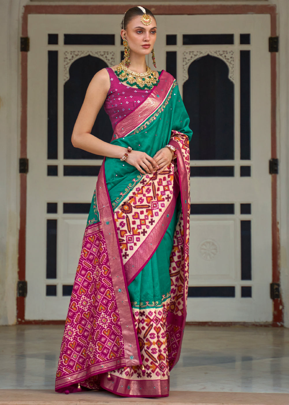 MySilkLove Pine Green and Pink Woven Patola Silk Saree