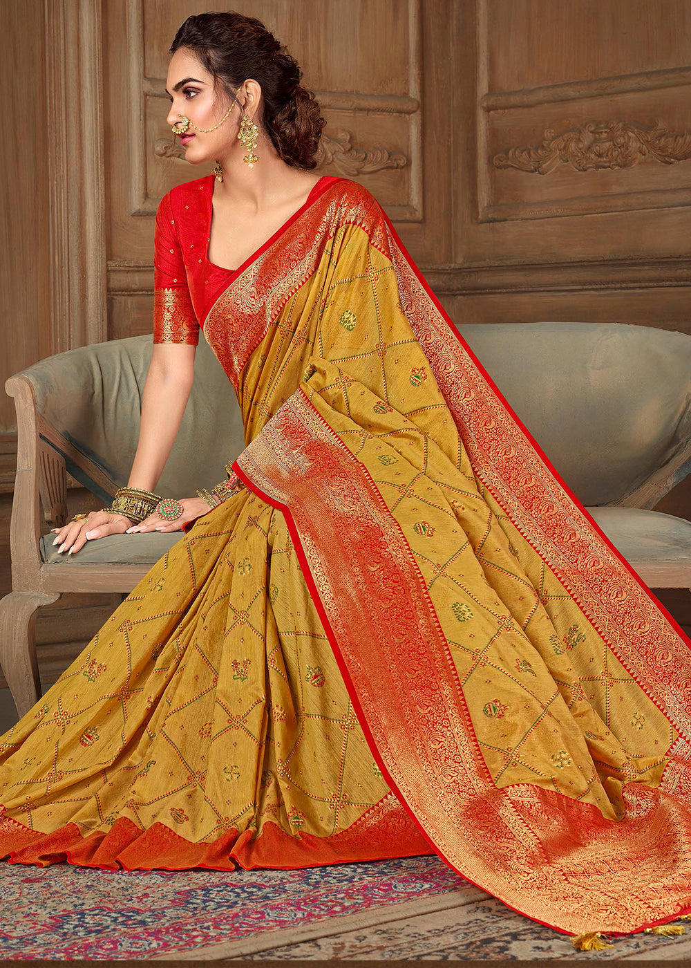 Buy MySilkLove Saffron Yellow and Red Zari Woven Banarasi Saree Online