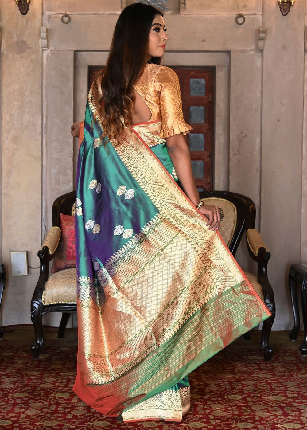 Buy MySilkLove Wintergreen Blue and Golden Katan Pure Silk Handwoven Booti Saree Online