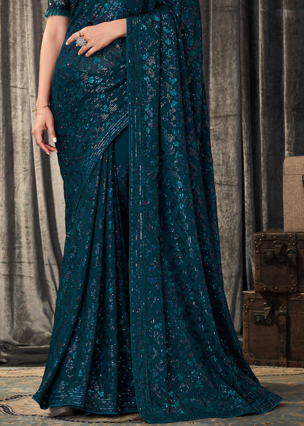 Buy MySilkLove Tiber Blue Sequins Embroidered Designer Georgette Saree Online
