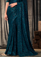 Tiber Blue Sequins Embroidered Designer Georgette Saree