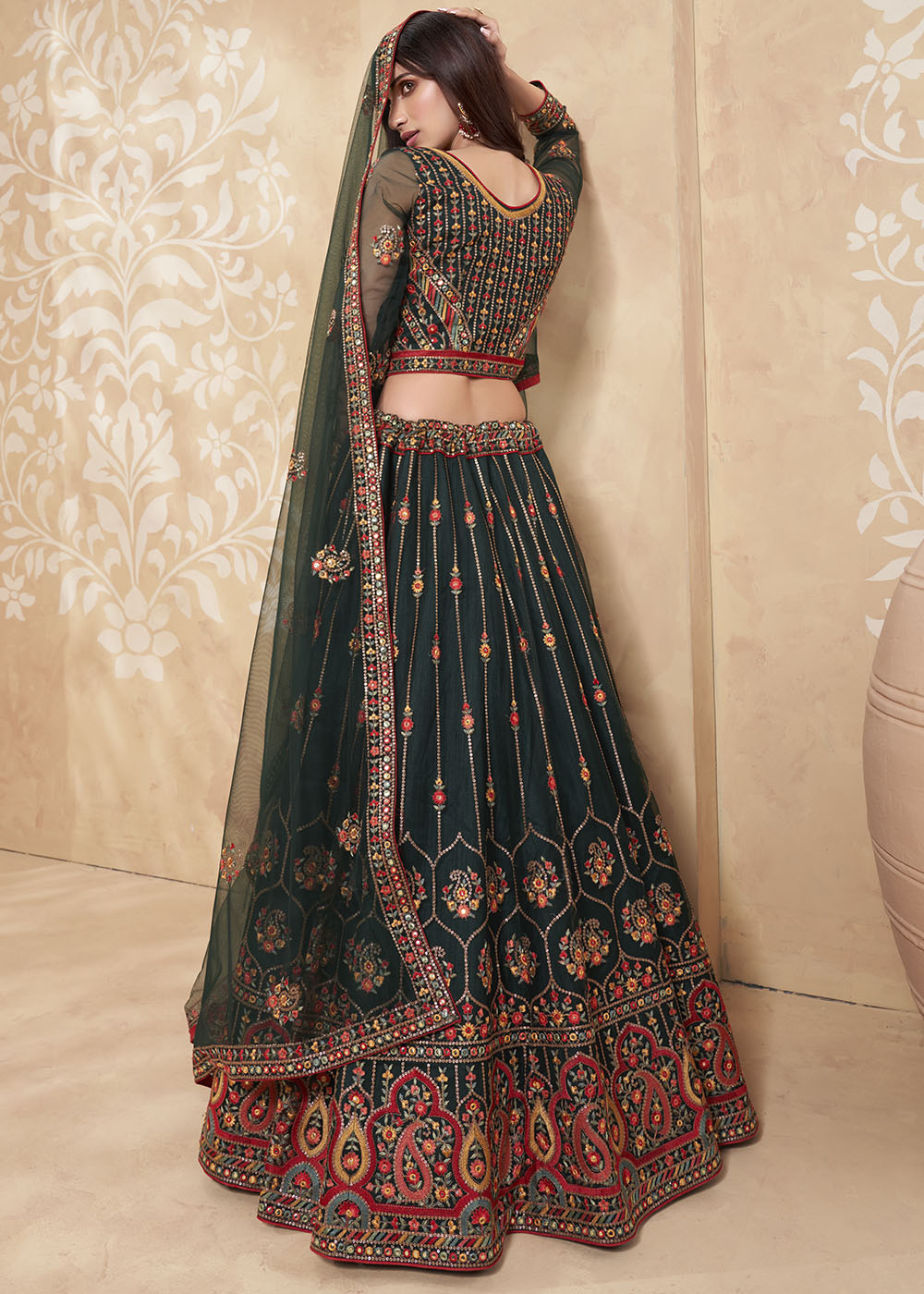 Buy MySilkLove Leather Green Designer Net Lehenga with Multi Thread Embroidery Work Online