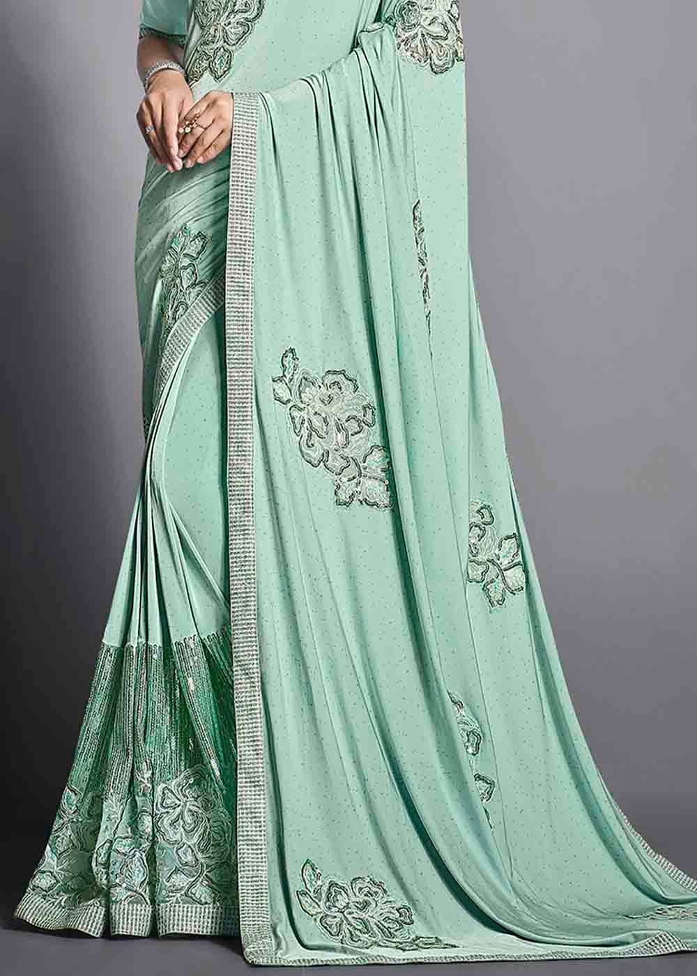 Buy MySilkLove Surf Green Designer Lycra Saree with Embroidery Work Online