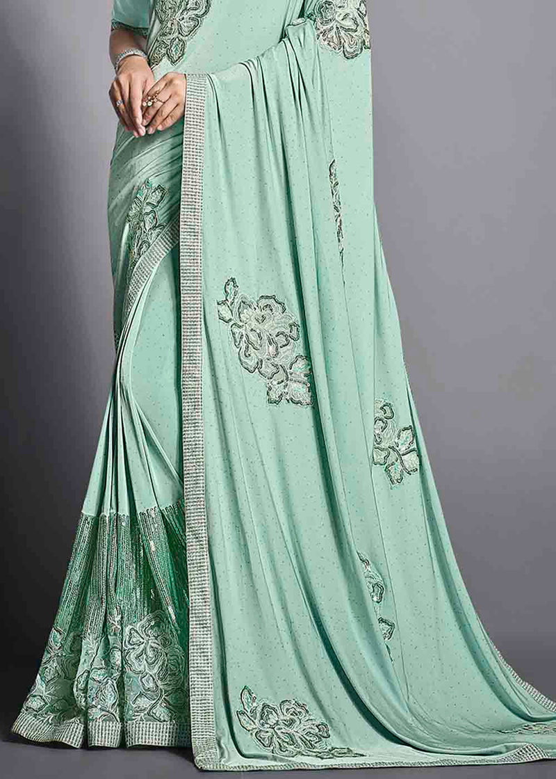 Surf Green Designer Lycra Saree with Embroidery Work