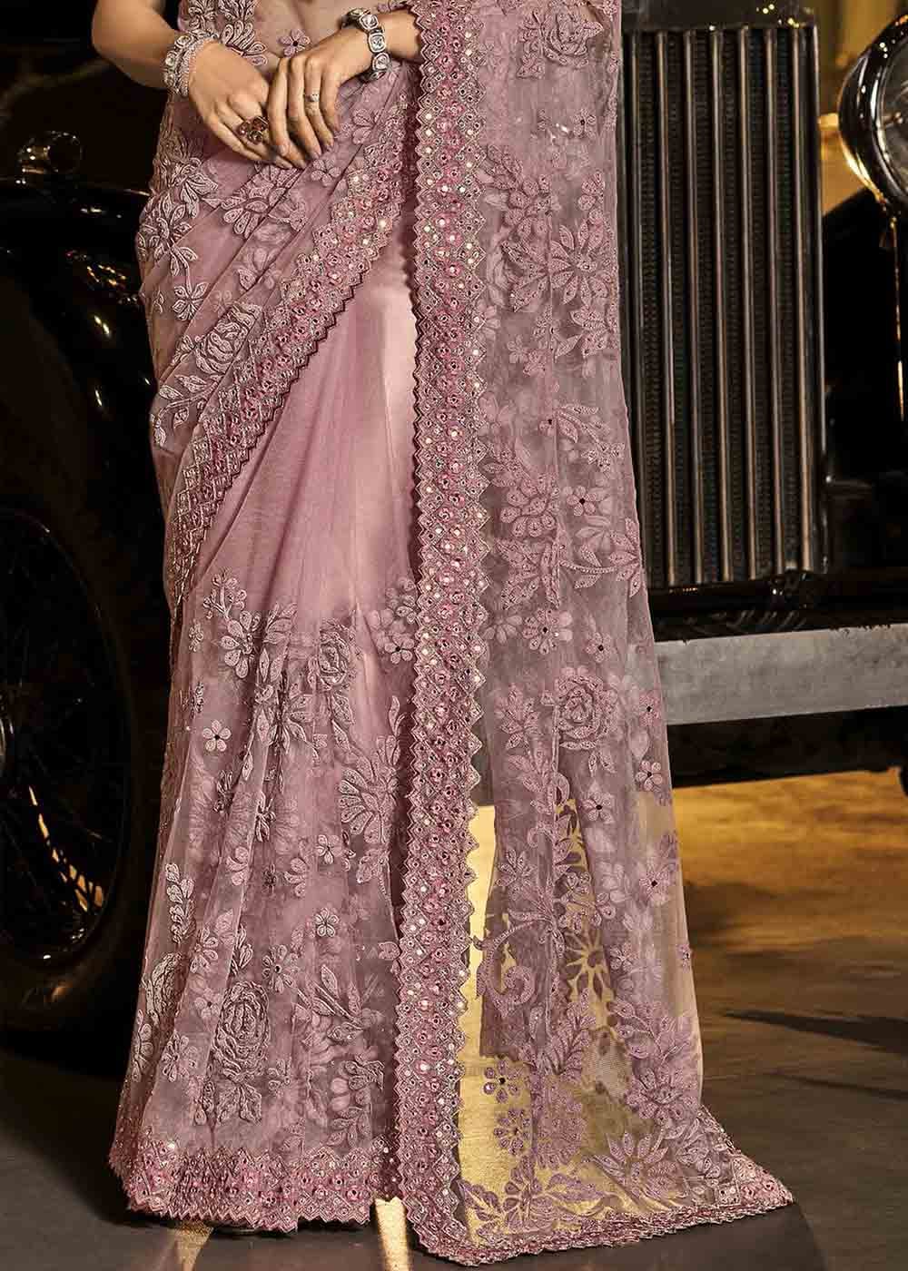 Buy MySilkLove Beauty Pink Purple Heavy Work Designer Net Saree Online