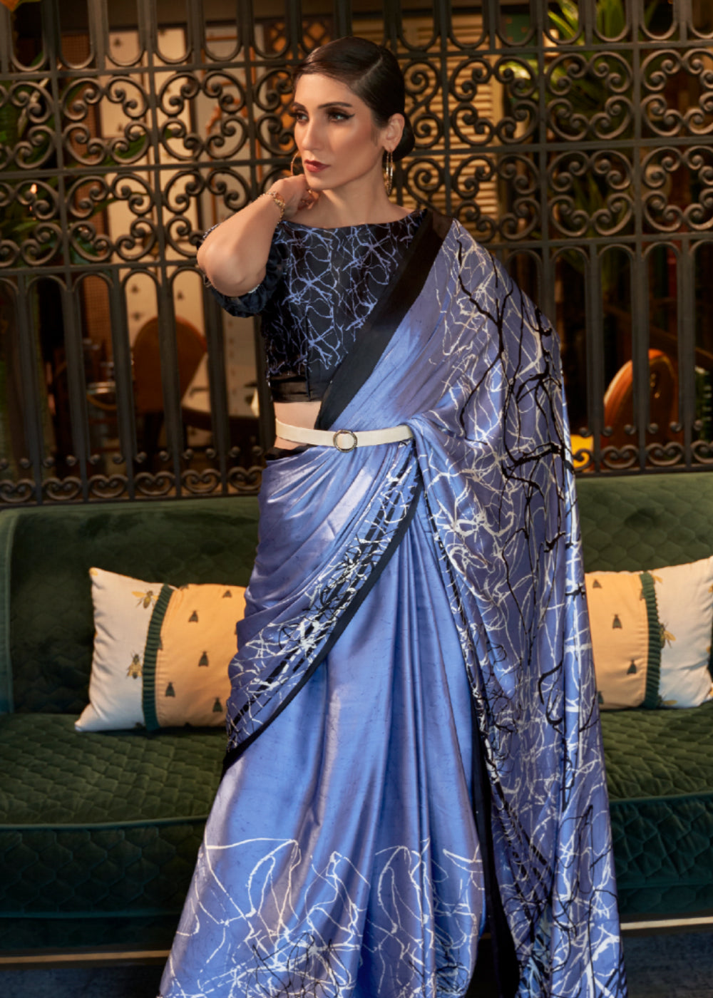 Buy MySilkLove Portage Blue and Black Printed Satin Silk Saree Online