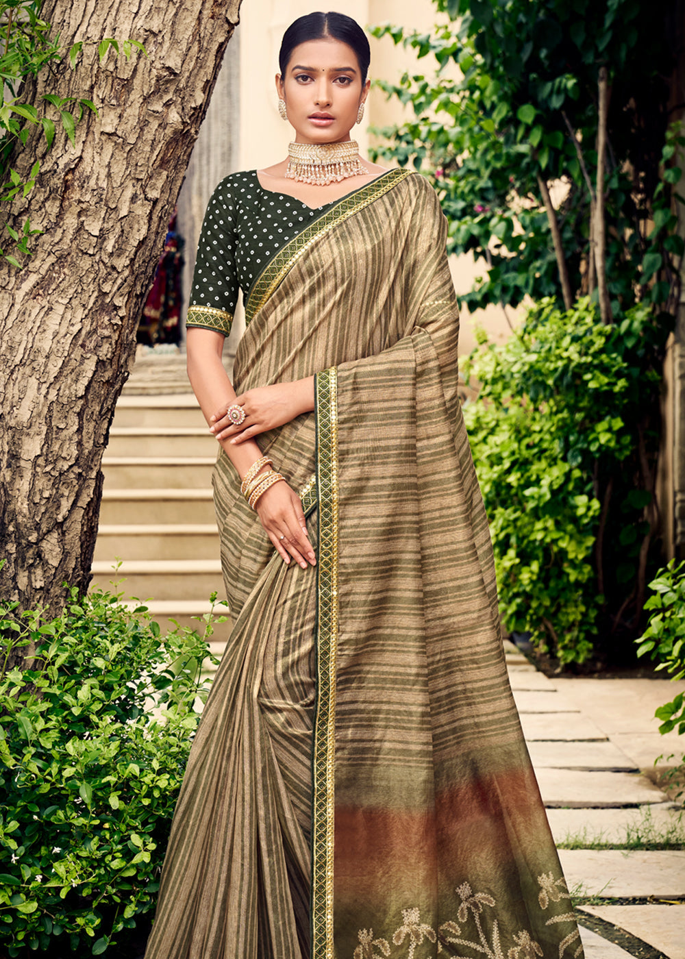 Buy MySilkLove Asparagus Green Digital Printed Lehriya Silk Saree Online