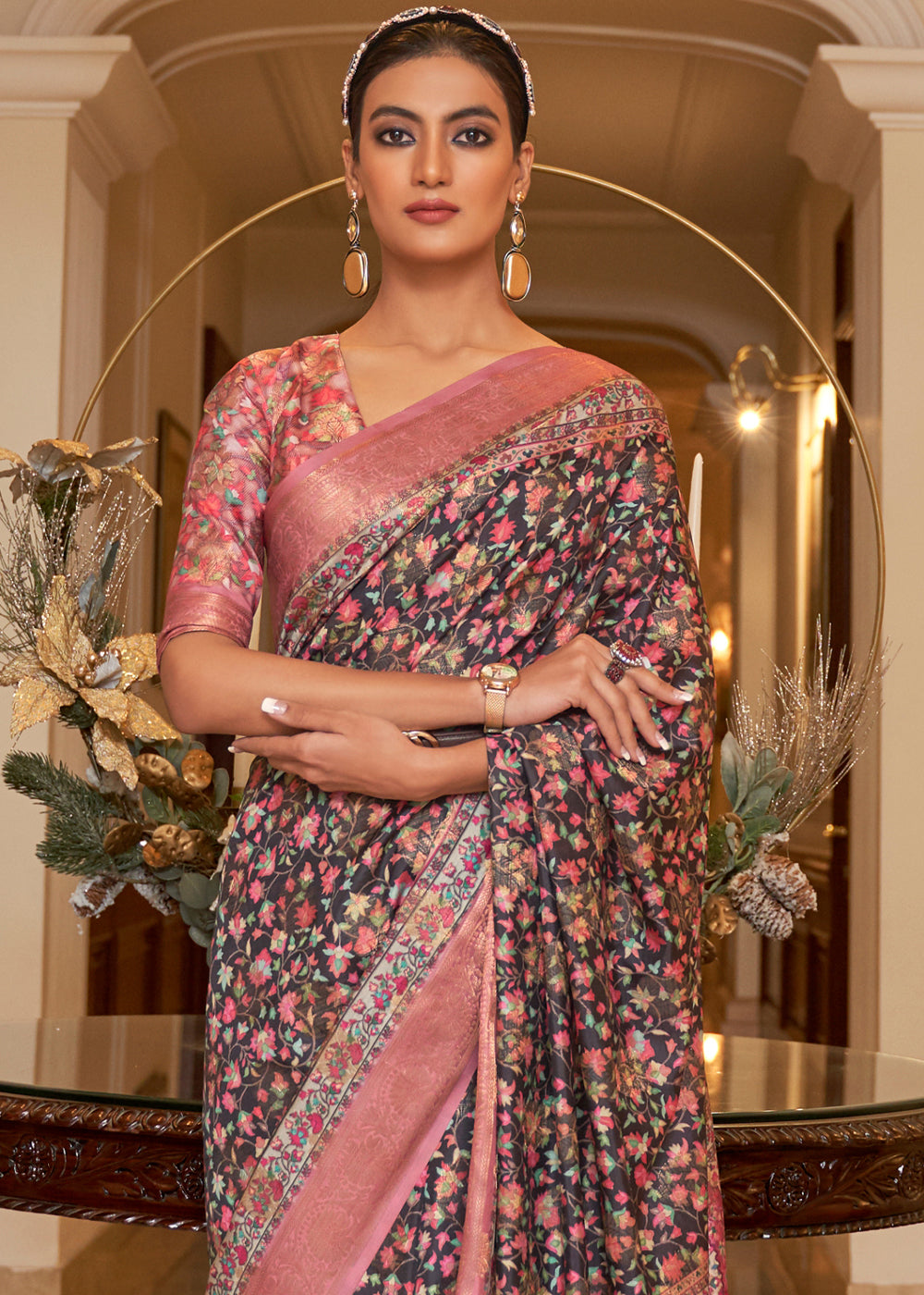 Buy MySilkLove Burnished Purple and Pink Banarasi Digital Kanni Printed Saree Online