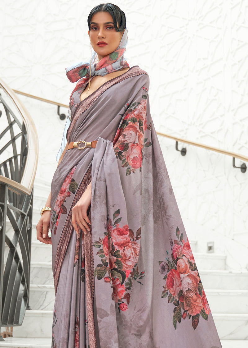 Dusty Gray Purple Kalamkari Printed Crepe Saree