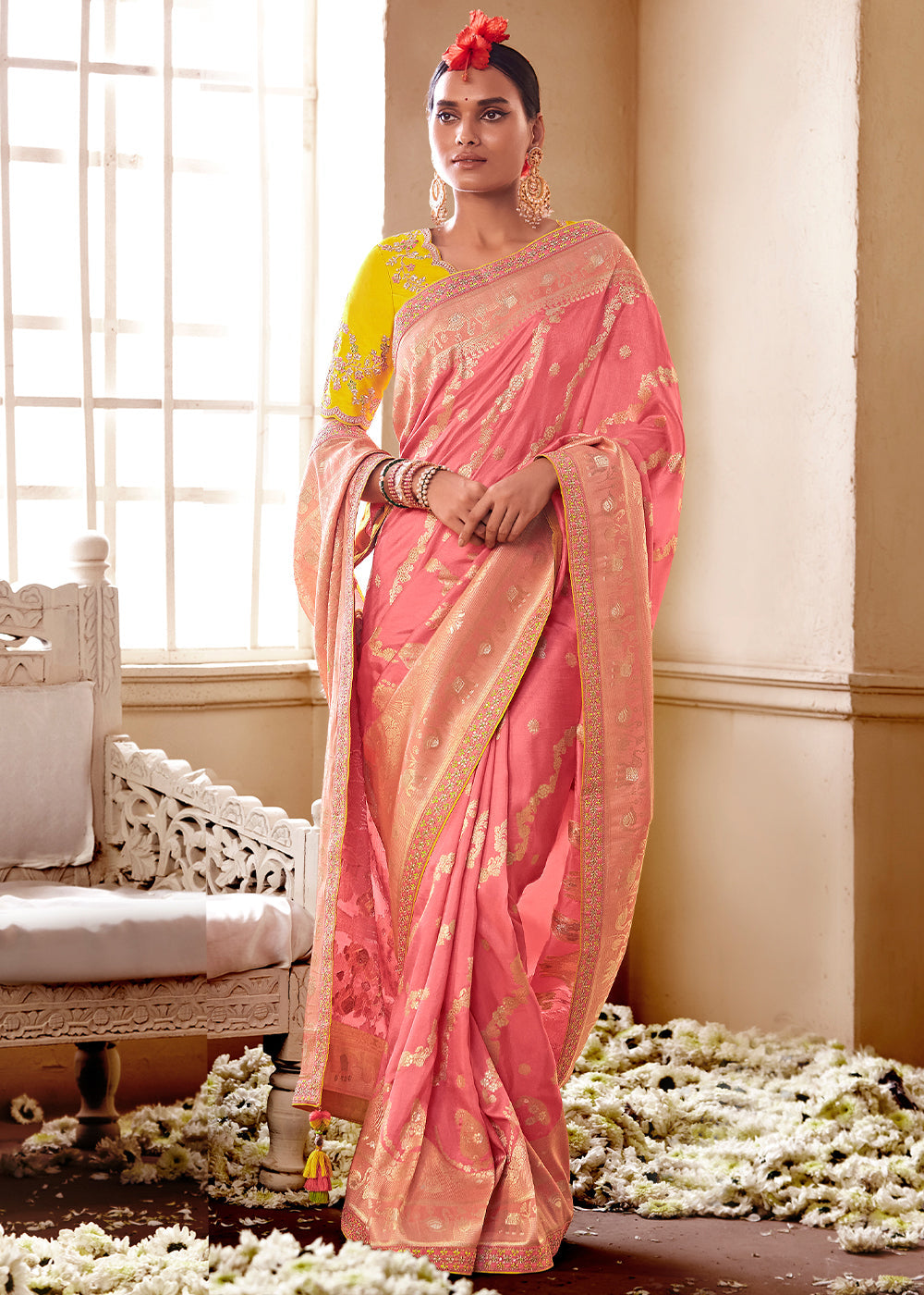 Buy MySilkLove Copperfield Peach and Yellow Banarasi Saree with Designer Blouse Online