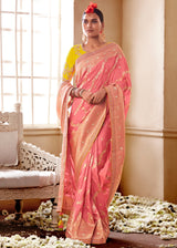 Copperfield Peach and Yellow Banarasi Saree with Designer Blouse