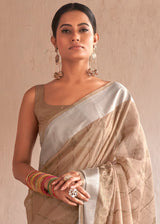 Tan Brown Floral Embroidered Linen Saree