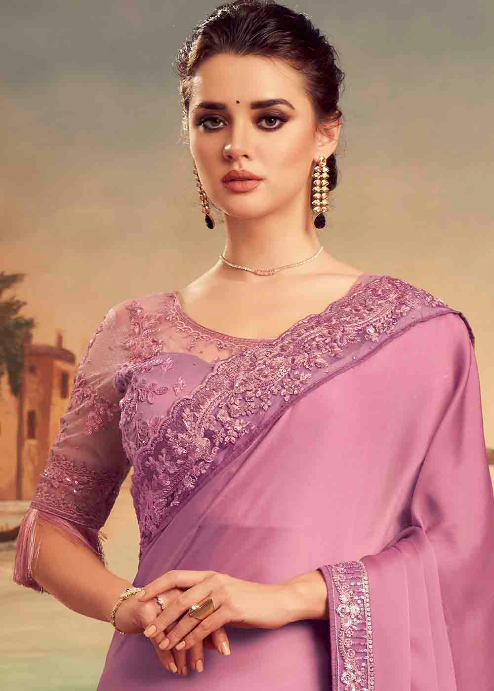 Buy MySilkLove Charm Pink Embroidered Satin Silk Designer Saree Online
