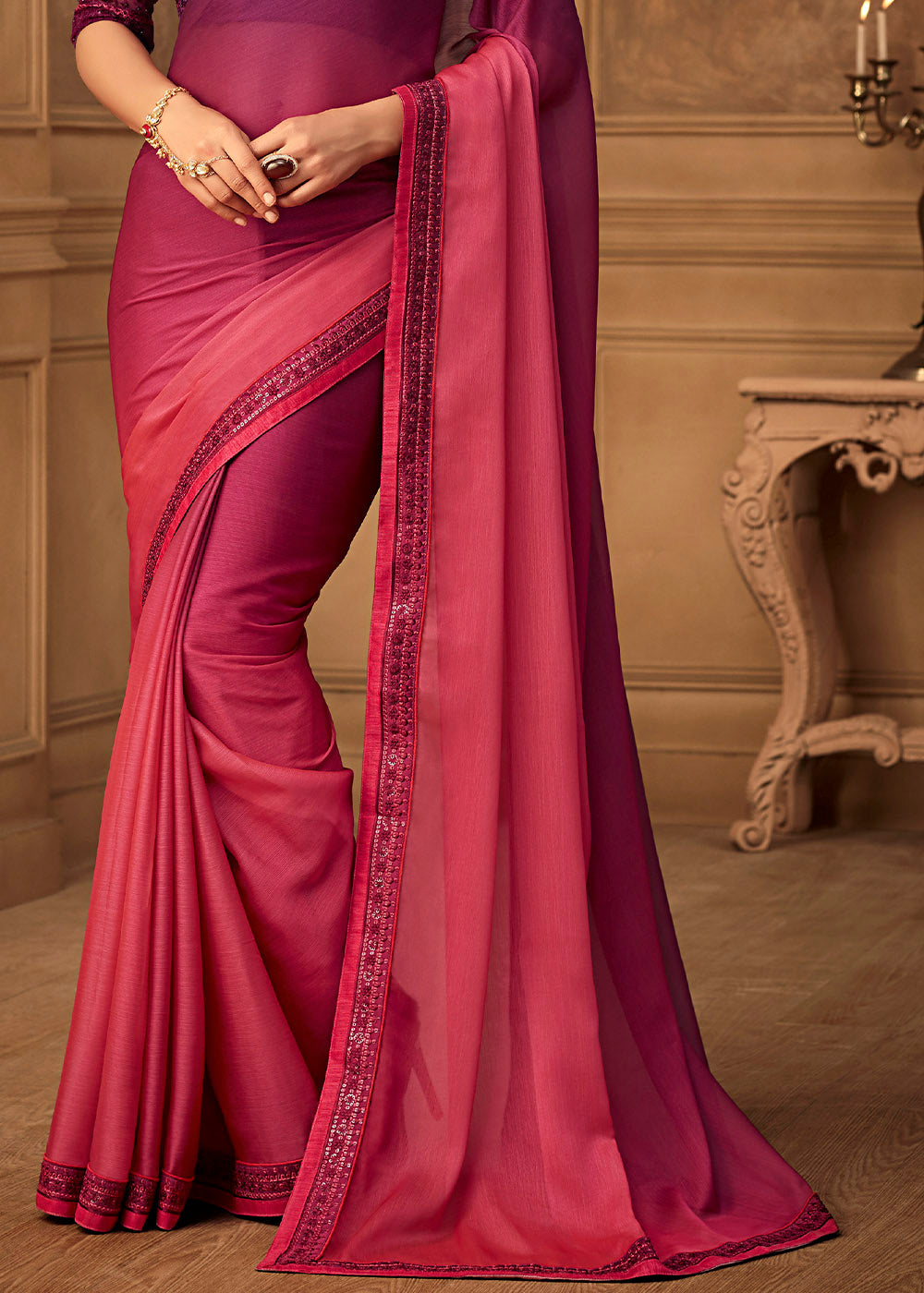 Buy MySilkLove Night Shadz Pink and Purple Embroidered Chiffon Designer Saree Online