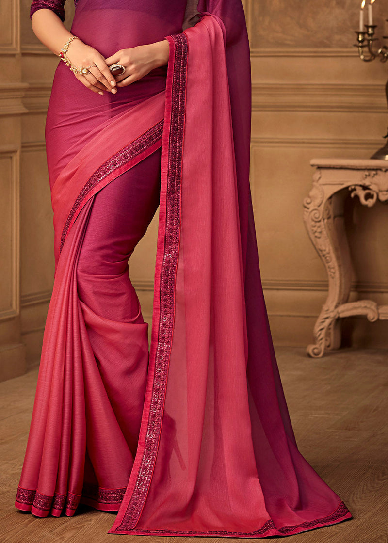 Night Shadz Pink and Purple Embroidered Chiffon Designer Saree