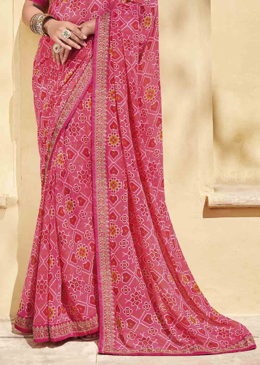 Contessa Pink Patola Print Georgette Saree With Embroidered Blouse