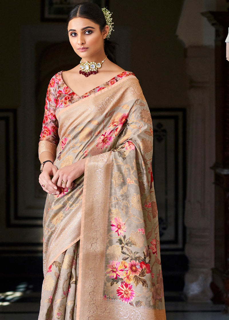 Rodeo Dust Grey Zari Woven Floral Banarasi Saree
