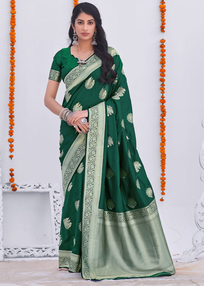 Green Pea Zari Woven Banarasi Silk Saree