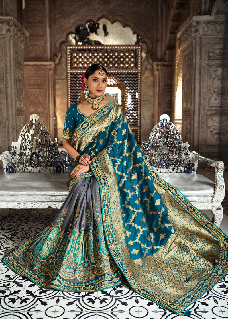 Viridian Blue Zari Woven Designer Banarasi Saree