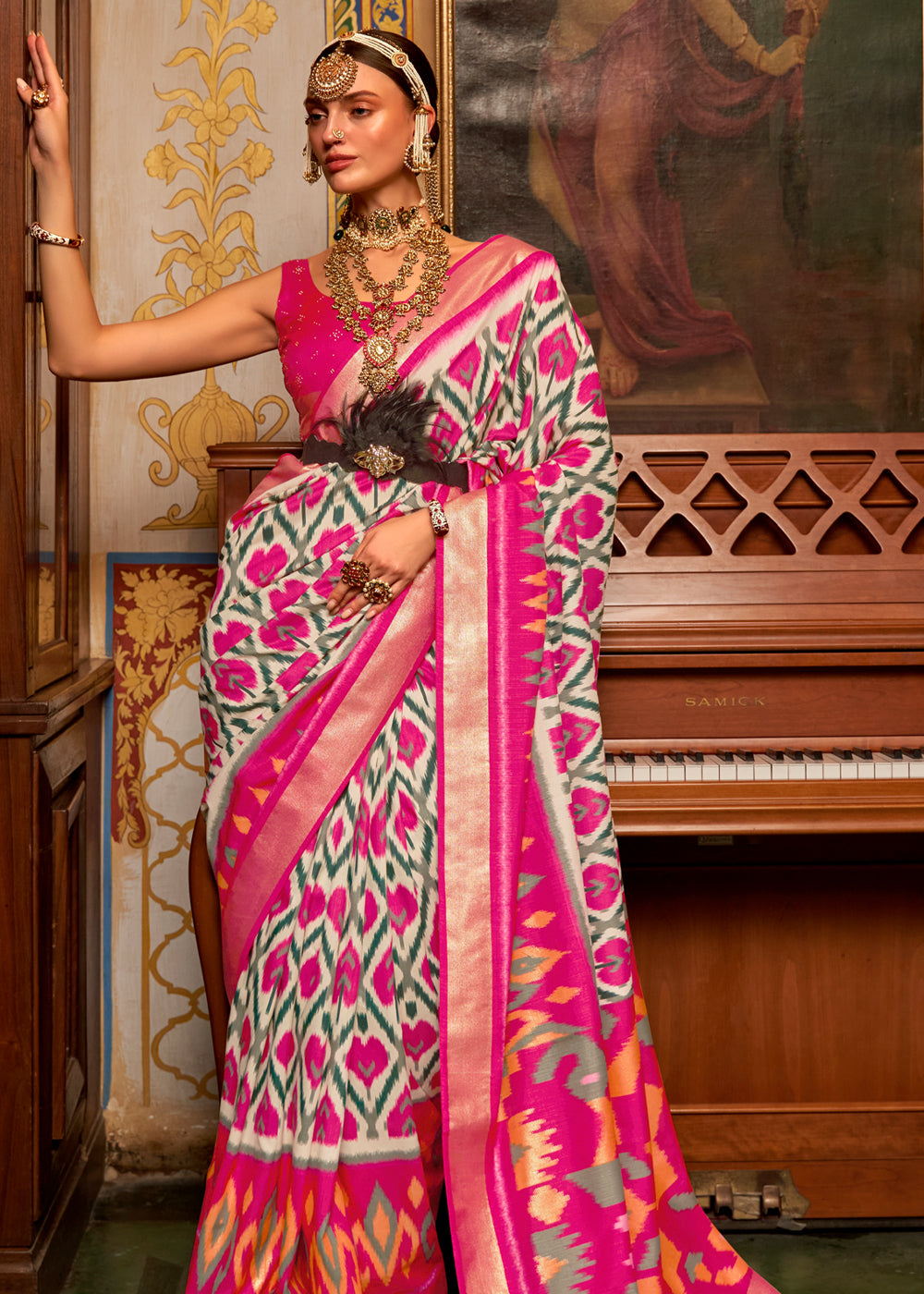 Buy MySilkLove Rose Fog White and Pink Patola Silk Saree Online