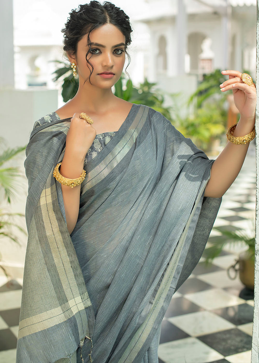 MySilkLove Sirocco Grey Zari Woven Linen Saree