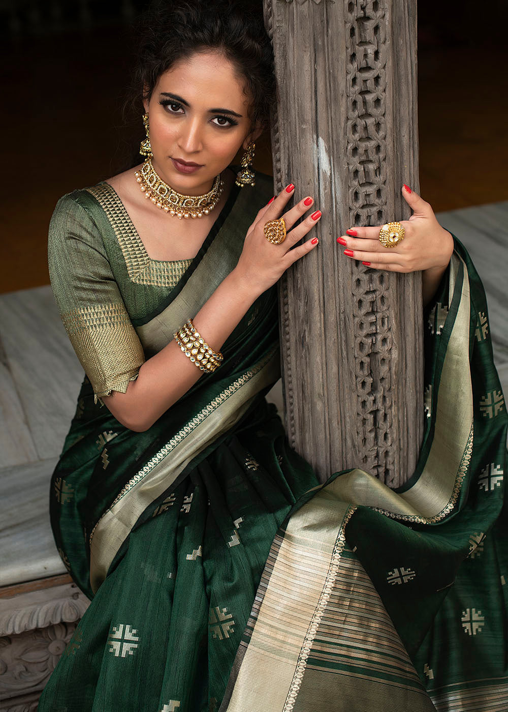 Buy MySilkLove Leather Green Zari Woven Tussar Silk Saree Online