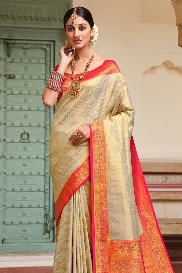 Buy MySilkLove Sorrell Cream and Dark Pink Zari Woven Kanjivaram Saree Online