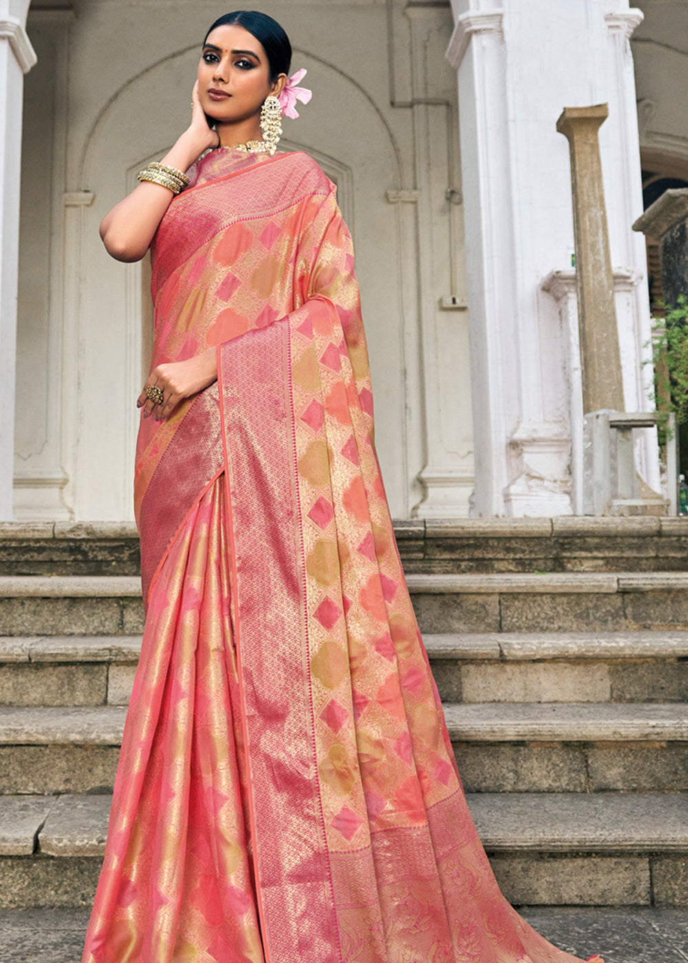 Buy MySilkLove Romantic Peach Woven Organza Banarasi Silk Saree Online