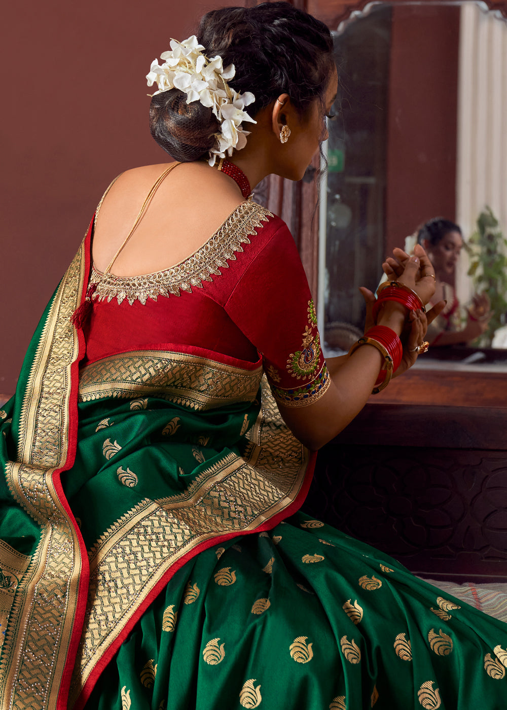 Buy MySilkLove Dark Green and Red Zari Woven Banarasi Brocade Saree Online