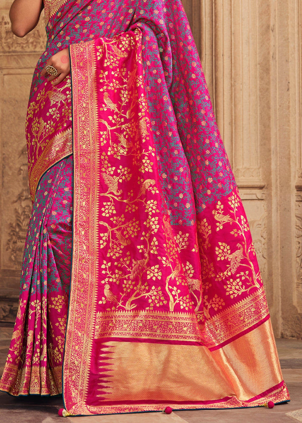 Buy MySilkLove Carnation Pink and Blue Zari Woven Banarasi Saree with Designer Blouse Online