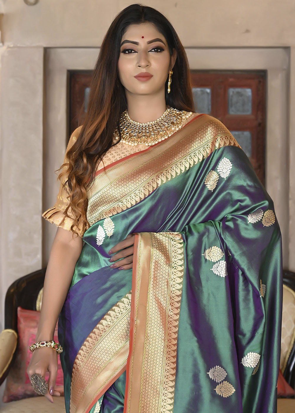 Buy MySilkLove Wintergreen Blue and Golden Katan Pure Silk Handwoven Booti Saree Online