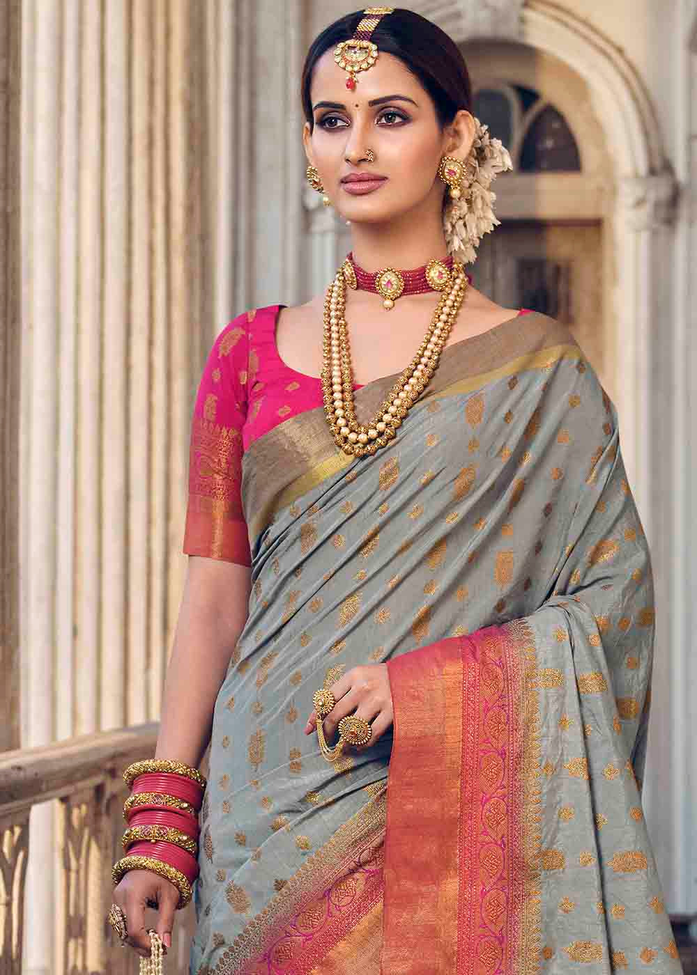 Buy MySilkLove Zorba Grey and Pink Zari Woven Banarasi Raw Silk Saree Online