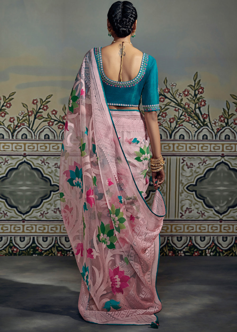 Buy MySilkLove Cavern Pink and Blue Woven Soft Silk Saree with Embroidered Blouse Online