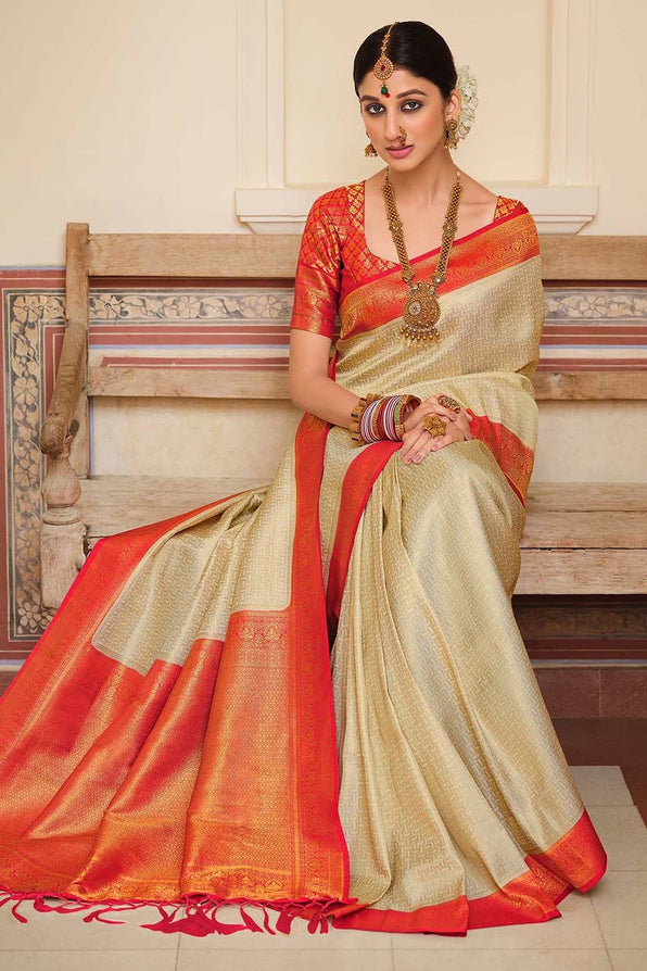 Buy MySilkLove Sorrell Cream and Dark Pink Zari Woven Kanjivaram Saree Online