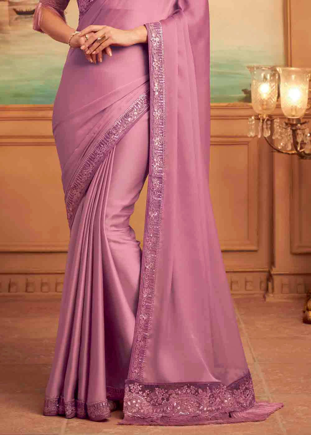 Buy MySilkLove Charm Pink Embroidered Satin Silk Designer Saree Online