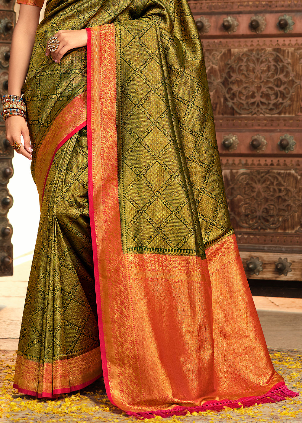 Buy MySilkLove Luxor Gold Green and Red Zari Woven Kanjivaram Saree Online