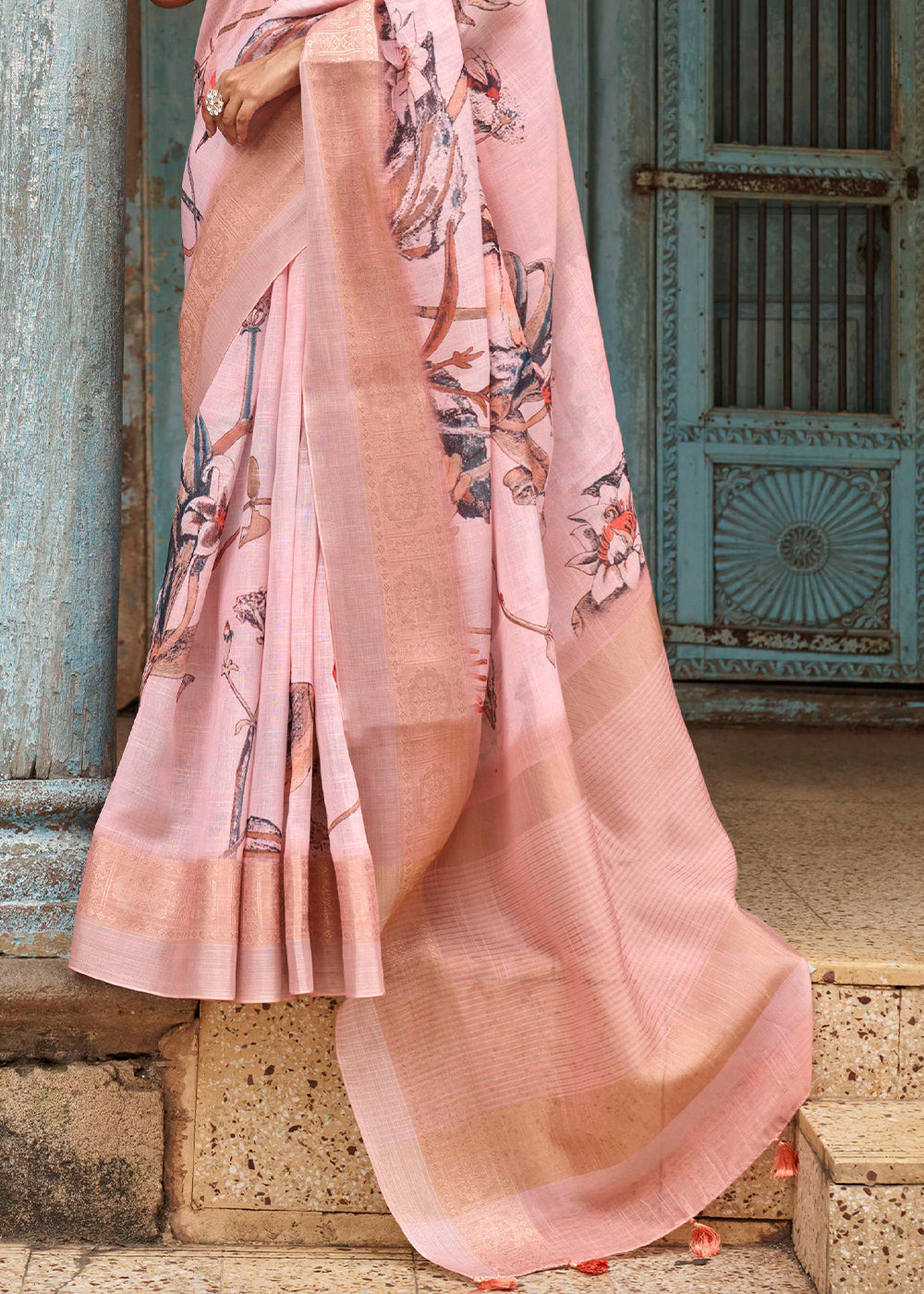 Buy MySilkLove Beauty Bush Pink Floral Printed Linen Silk Saree Online