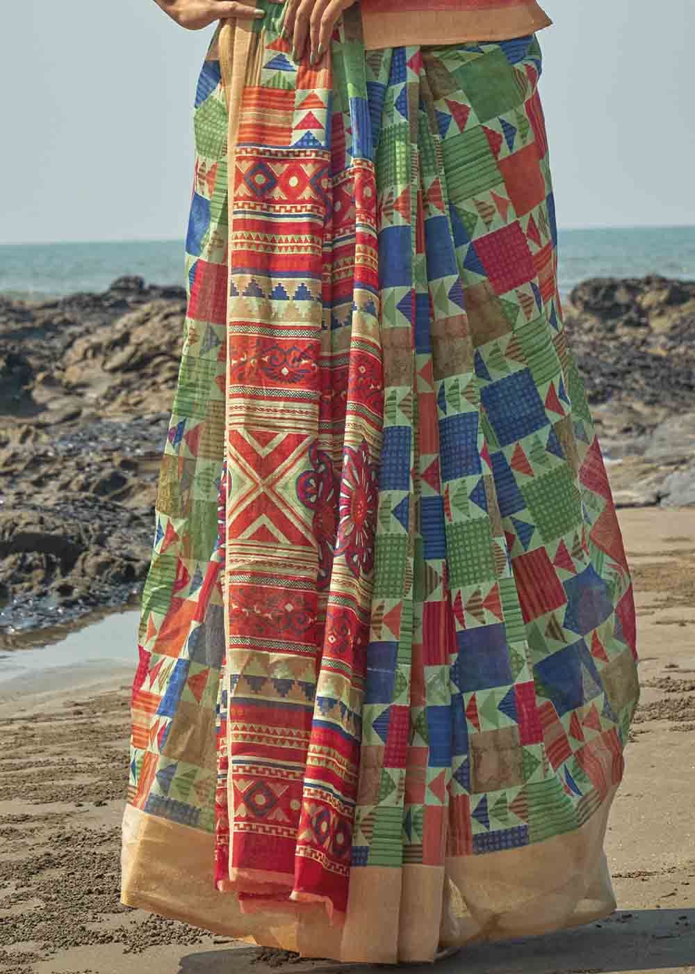 Buy MySilkLove Axolot Green and Red Printed Cotton Saree Online