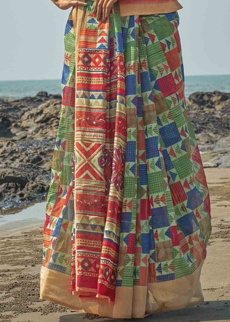 Axolot Green and Red Printed Cotton Saree