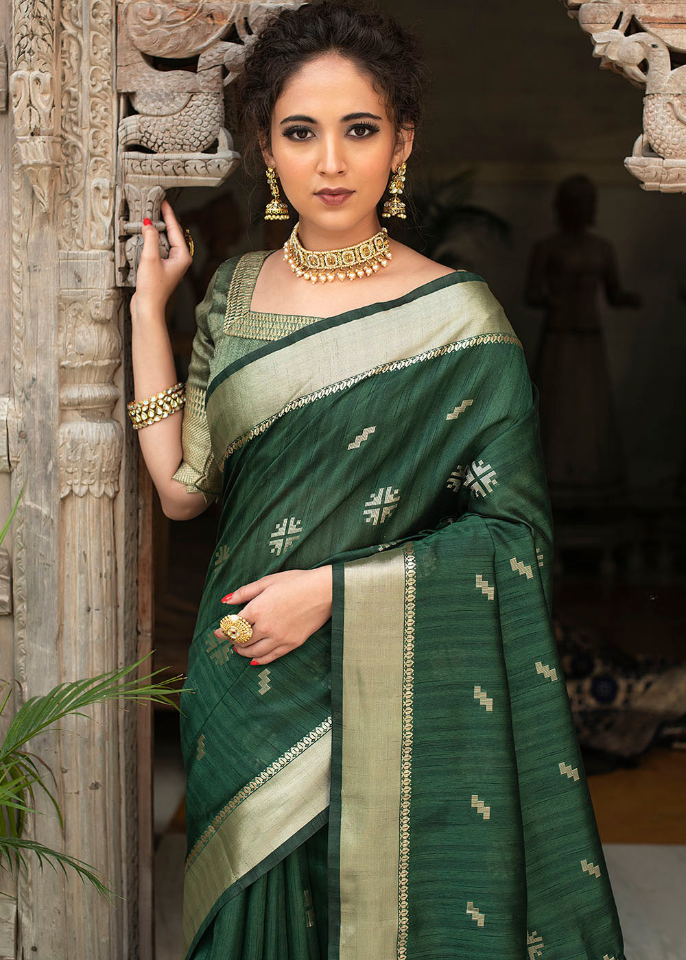 MySilkLove Leather Green Zari Woven Tussar Silk Saree