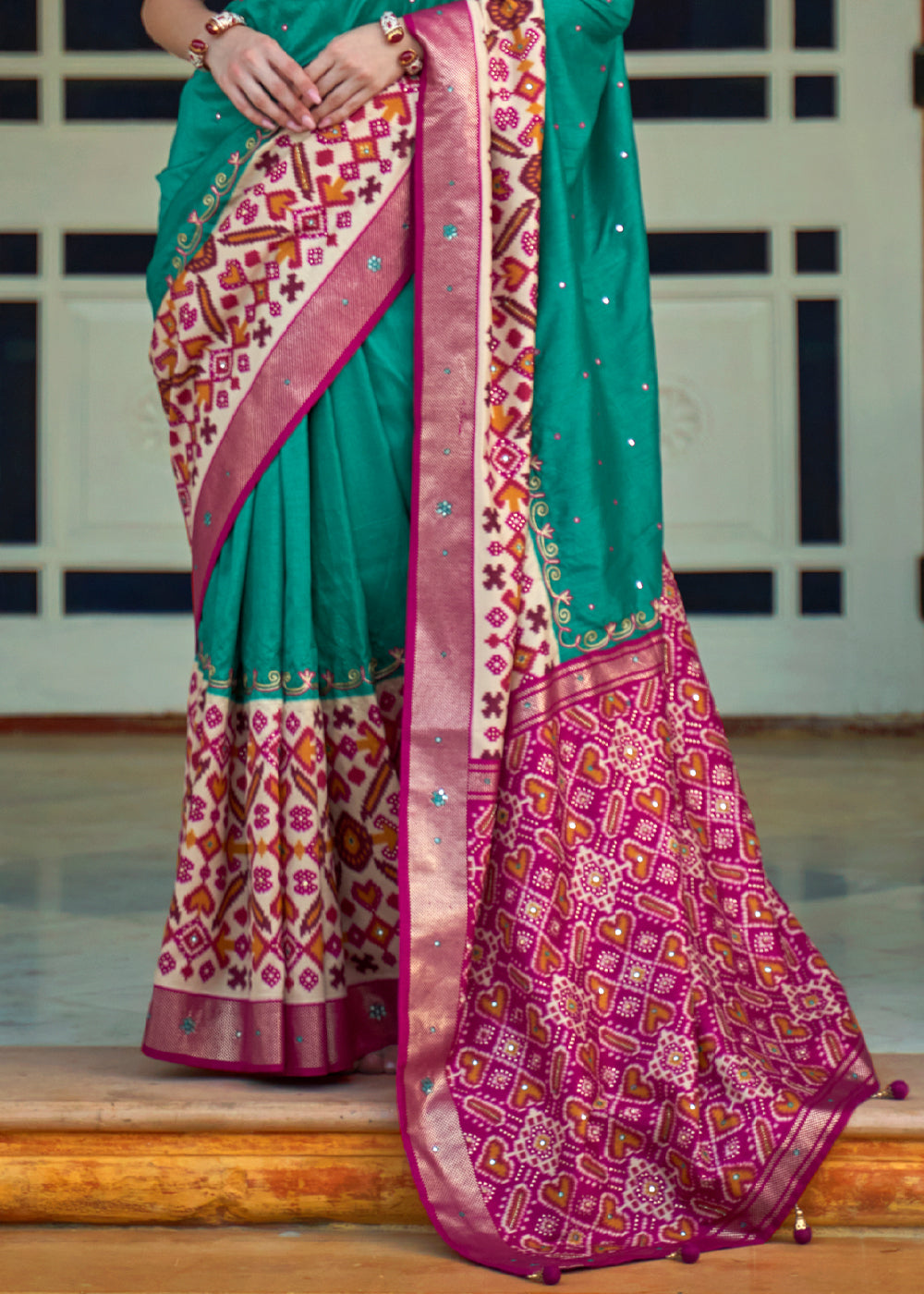 Buy MySilkLove Pine Green and Pink Woven Patola Silk Saree Online