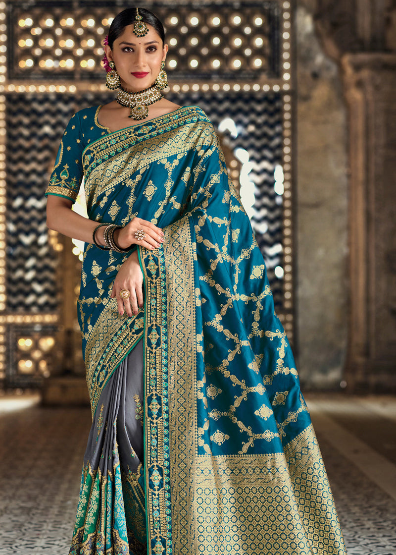 Viridian Blue Zari Woven Designer Banarasi Saree