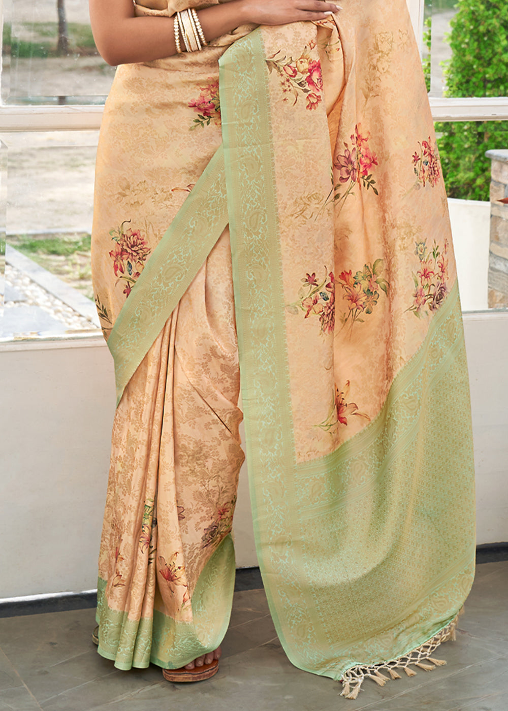 Buy MySilkLove Calico Cream Banarasi Jacquard Printed Saree Online