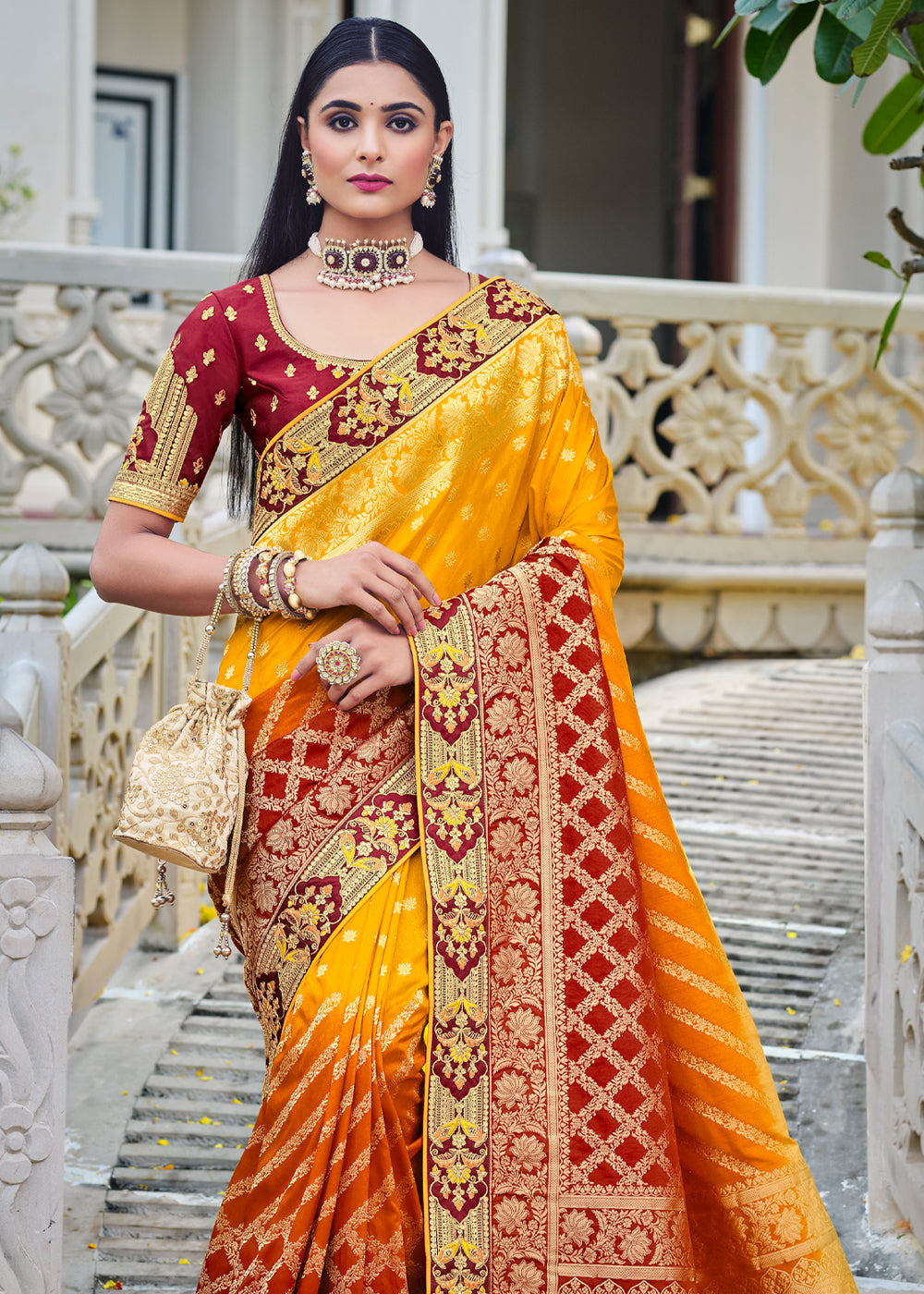 Buy MySilkLove Tulip Yellow and Brown Zari Woven Designer Banarasi Saree Online
