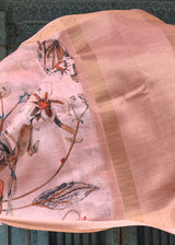 Beauty Bush Pink Floral Printed Linen Silk Saree