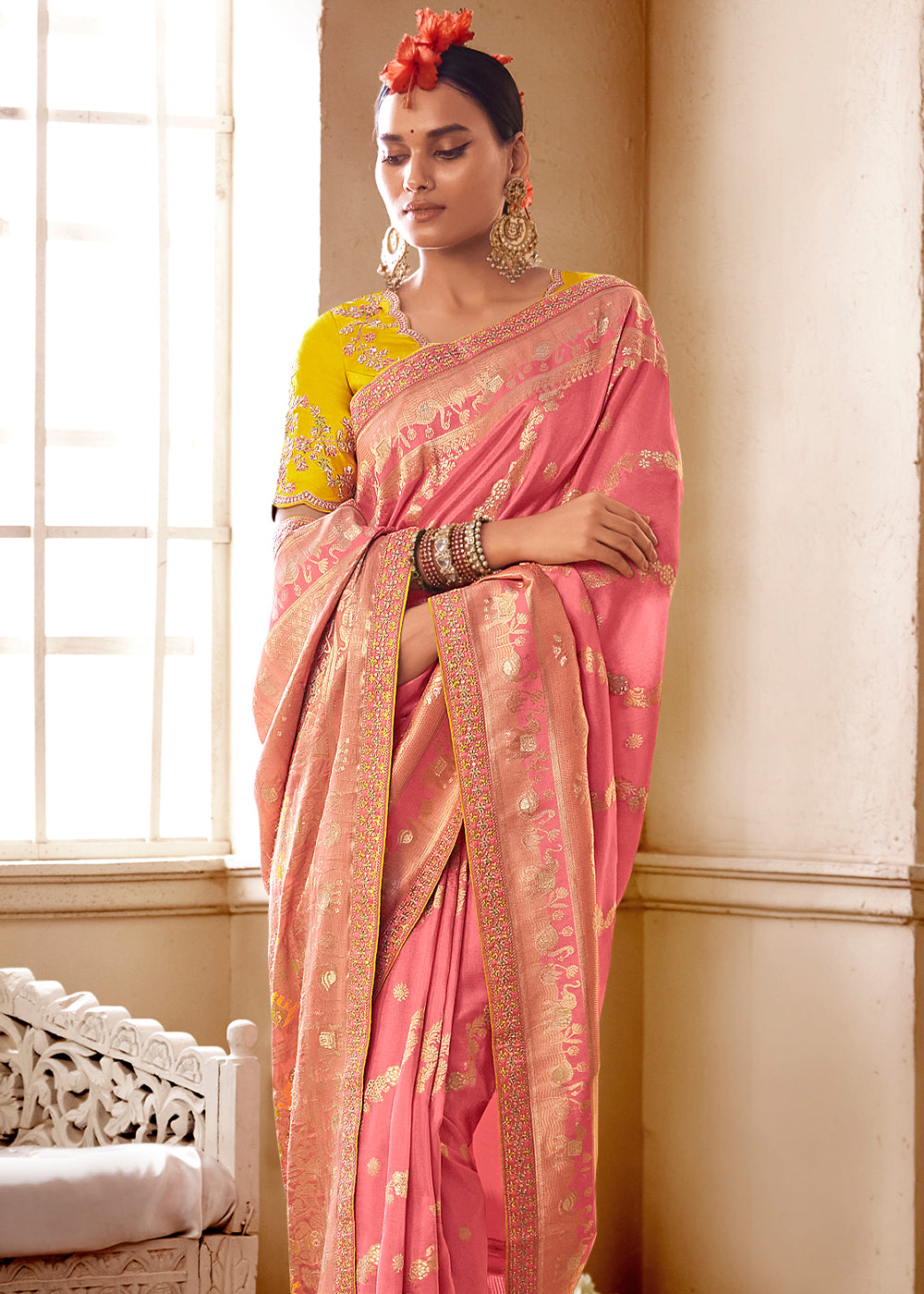 Buy MySilkLove Copperfield Peach and Yellow Banarasi Saree with Designer Blouse Online