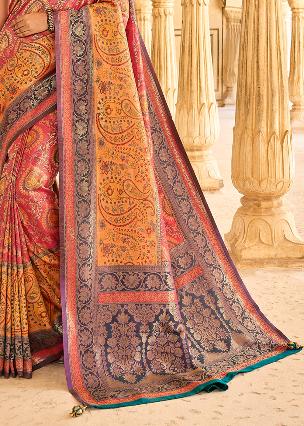 Buy MySilkLove Sandy Yellow and Pink Designer Banarasi Saree Online