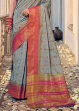 Zorba Grey and Pink Zari Woven Banarasi Raw Silk Saree
